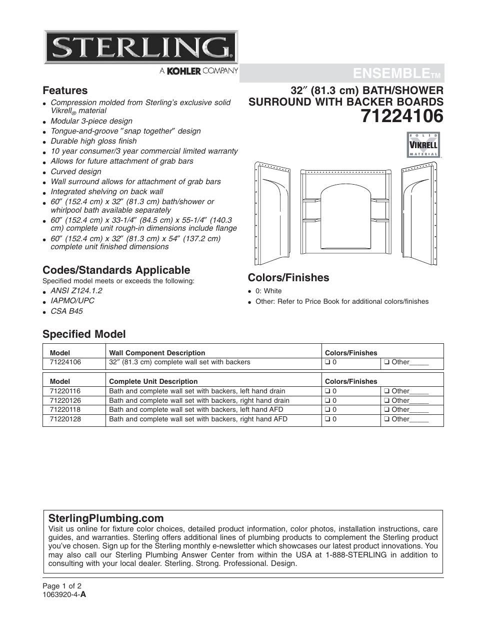 Sterling Plumbing 71224106 User Manual | 2 pages