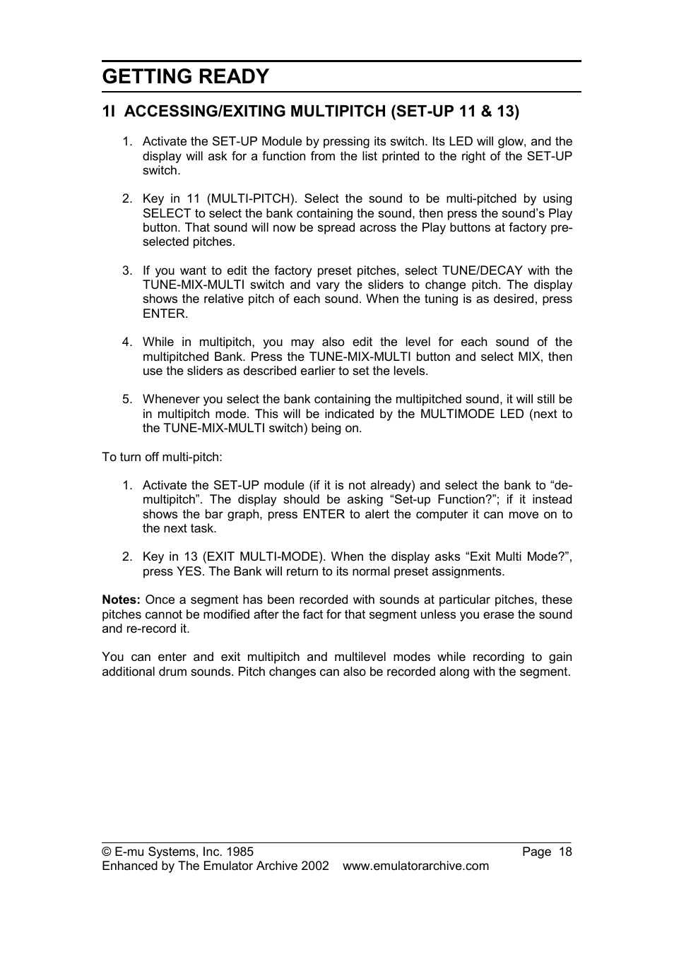 1i accessing/exiting multipitch (set-up 11 & 13), Getting ready | SP Studio Systems SP-12 User Manual | Page 18 / 99