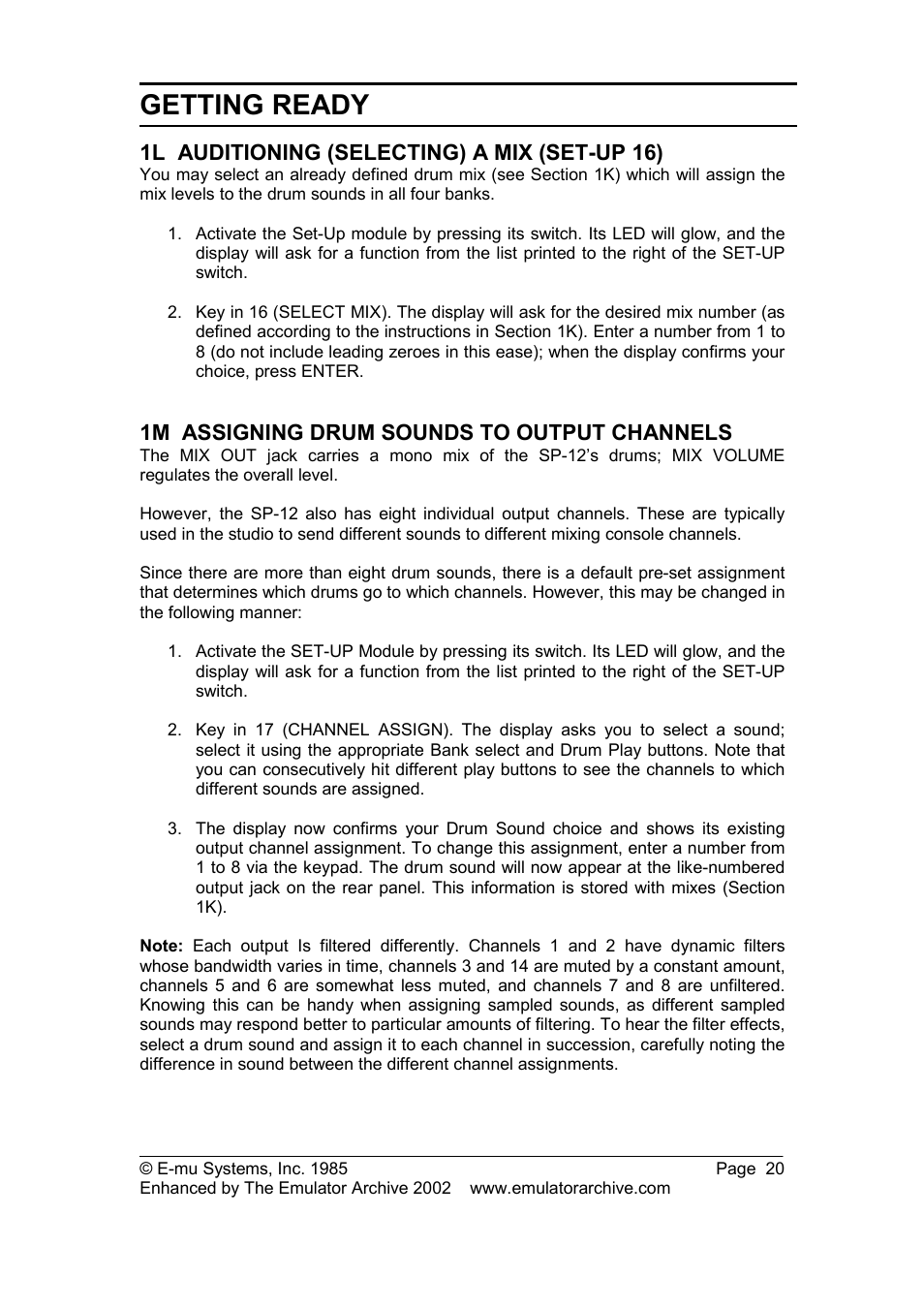 1l auditioning (selecting) a mix (set-up 16), 1m assigning drum sounds to output channels, Assigning drum sounds to output channels | Getting ready | SP Studio Systems SP-12 User Manual | Page 20 / 99