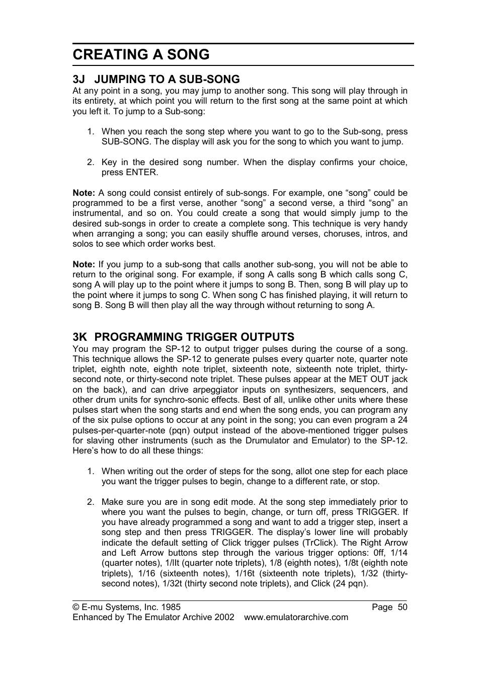 3j jumping to a sub-song, 3k programming trigger outputs, Jumping to a sub-song | Programming trigger outputs, Creating a song | SP Studio Systems SP-12 User Manual | Page 50 / 99