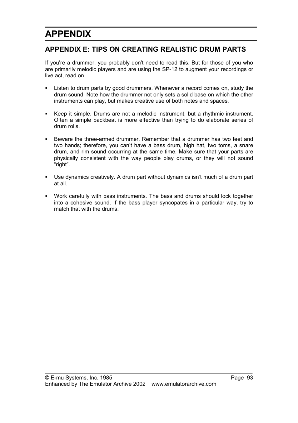 Appendix e: tips on creating realistic drum parts, Appendix | SP Studio Systems SP-12 User Manual | Page 93 / 99