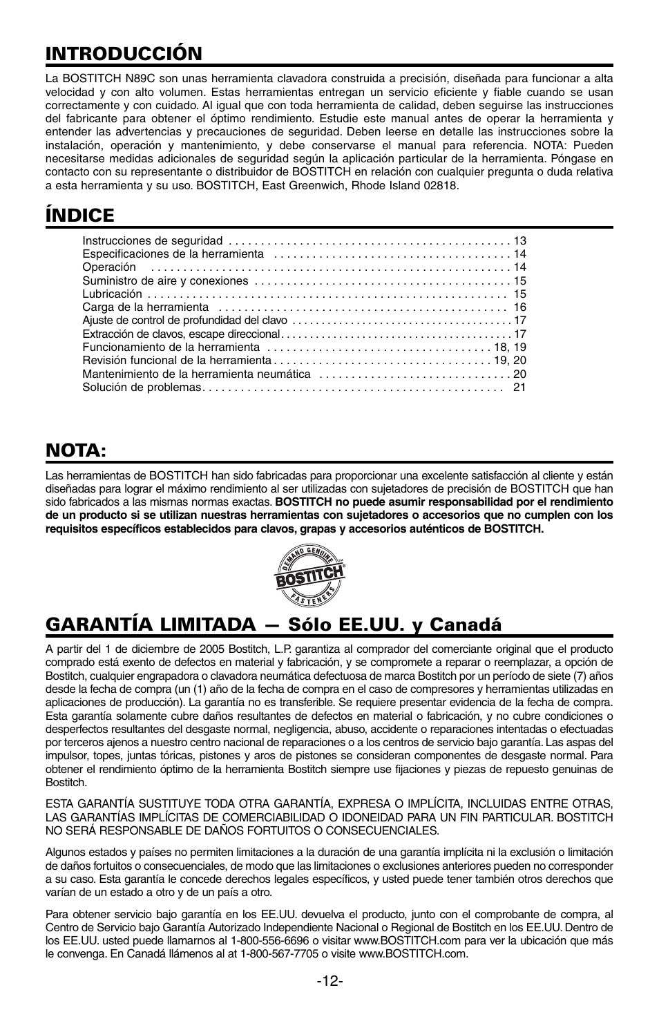 Introducción, Índice, Nota | Garantía limitada — sólo ee.uu. y canadá | Bostitch N89C User Manual | Page 12 / 32