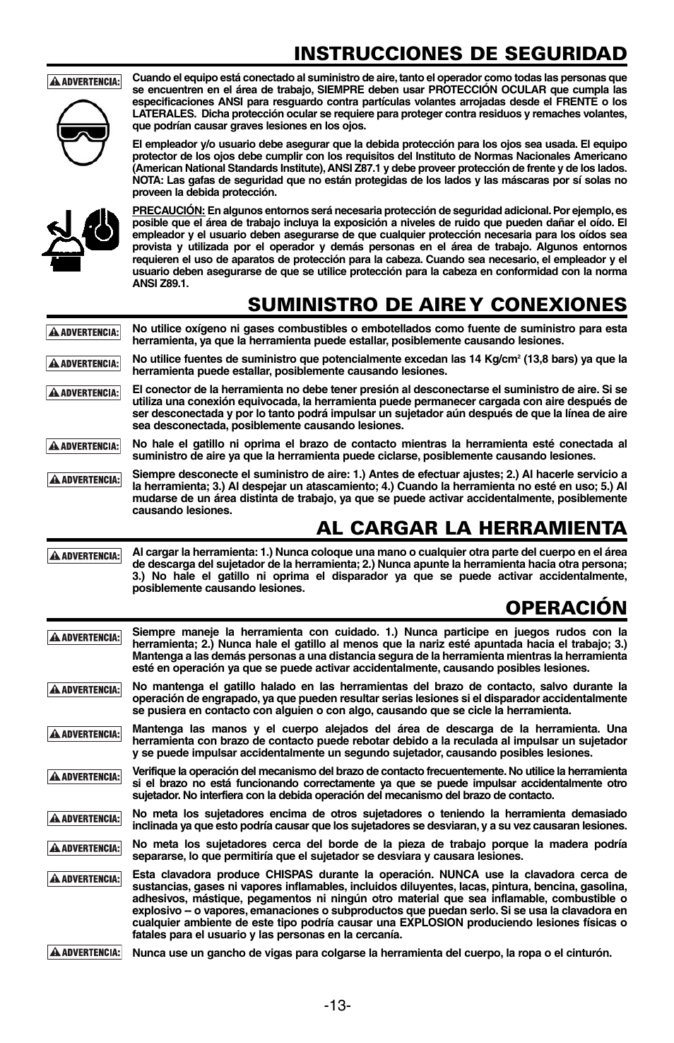 Instrucciones de seguridad, Suministro de aire y conexiones, Al cargar la herramienta | Operación | Bostitch N89C User Manual | Page 13 / 32