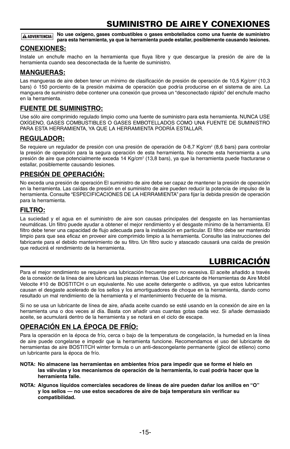 Suministro de aire y conexiones, Lubricación, Conexiones | Mangueras, Fuente de suministro, Regulador, Presión de operación, Filtro, Operación en la época de frío | Bostitch N89C User Manual | Page 15 / 32