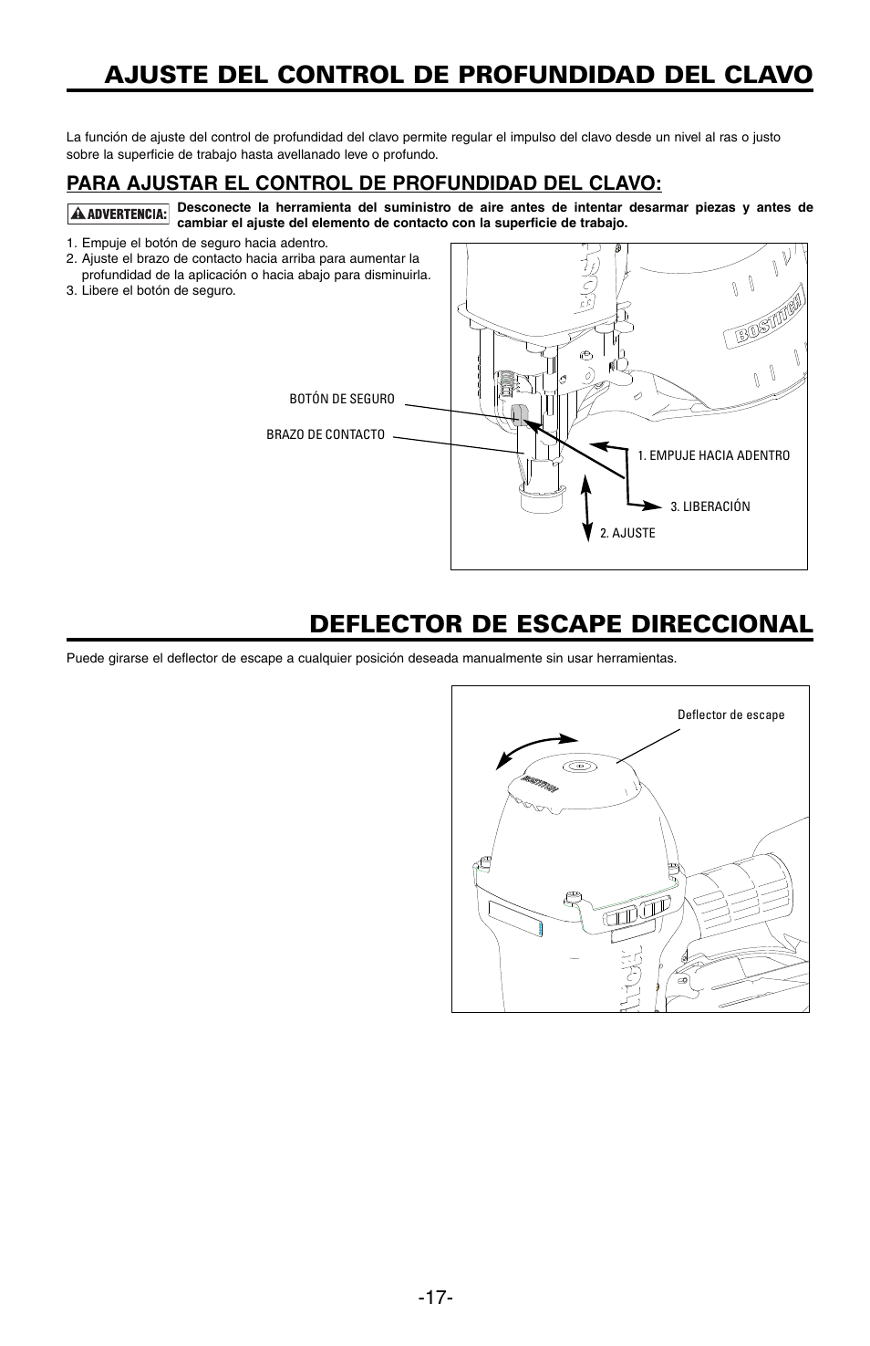 Ajuste del control de profundidad del clavo, Deflector de escape direccional, Para ajustar el control de profundidad del clavo | Bostitch N89C User Manual | Page 17 / 32