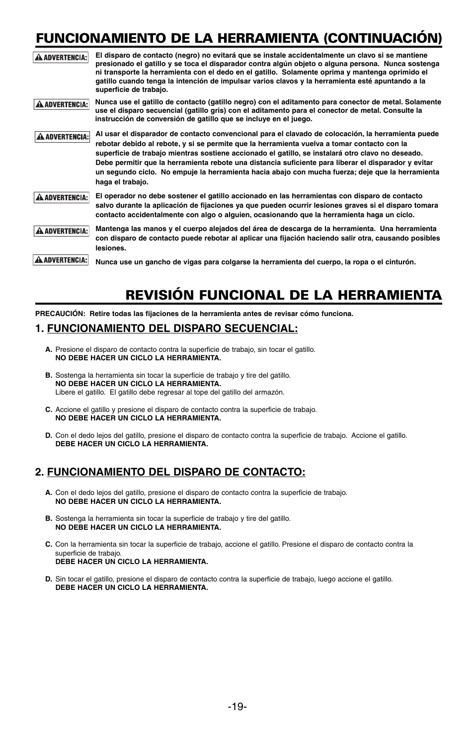 Funcionamiento de la herramienta (continuación), Revisión funcional de la herramienta, Funcionamiento del disparo secuencial | Funcionamiento del disparo de contacto | Bostitch N89C User Manual | Page 19 / 32