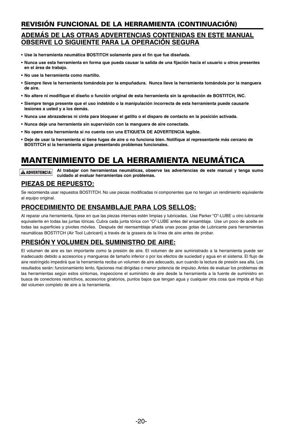 Mantenimiento de la herramienta neumática, Piezas de repuesto, Procedimiento de ensamblaje para los sellos | Presión y volumen del suministro de aire | Bostitch N89C User Manual | Page 20 / 32