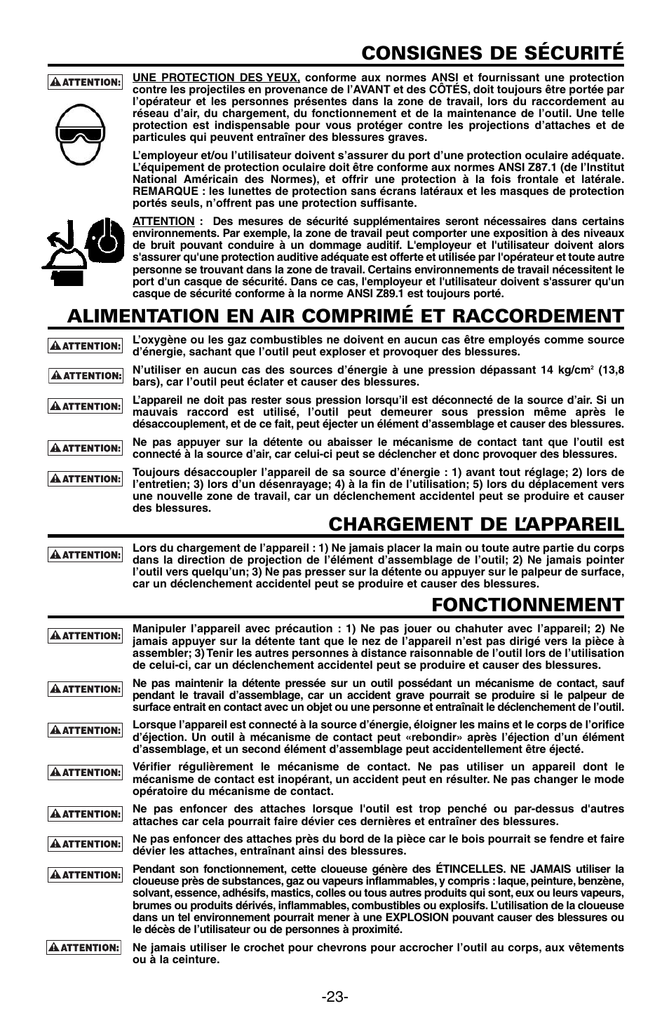 Consignes de sécurité, Alimentation en air comprimé et raccordement, Chargement de l’appareil | Fonctionnement | Bostitch N89C User Manual | Page 23 / 32