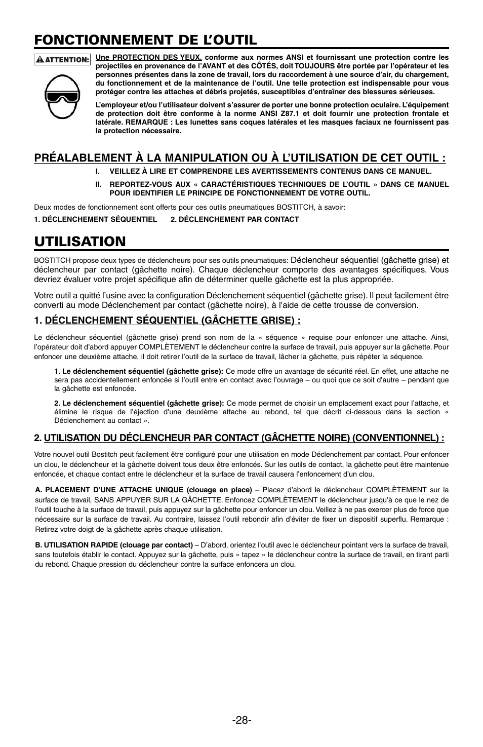 Fonctionnement de l’outil, Utilisation | Bostitch N89C User Manual | Page 28 / 32