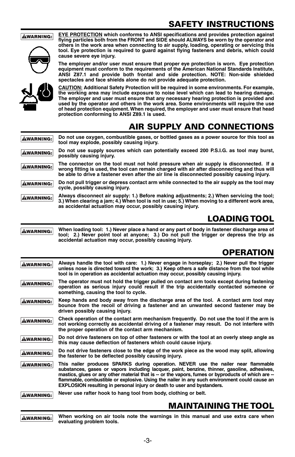 Safety instructions, Air supply and connections, Loading tool | Operation, Maintaining the tool | Bostitch N89C User Manual | Page 3 / 32