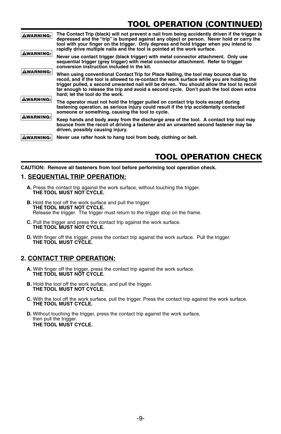 Tool operation (continued), Tool operation check, Sequential trip operation | Contact trip operation | Bostitch N89C User Manual | Page 9 / 32