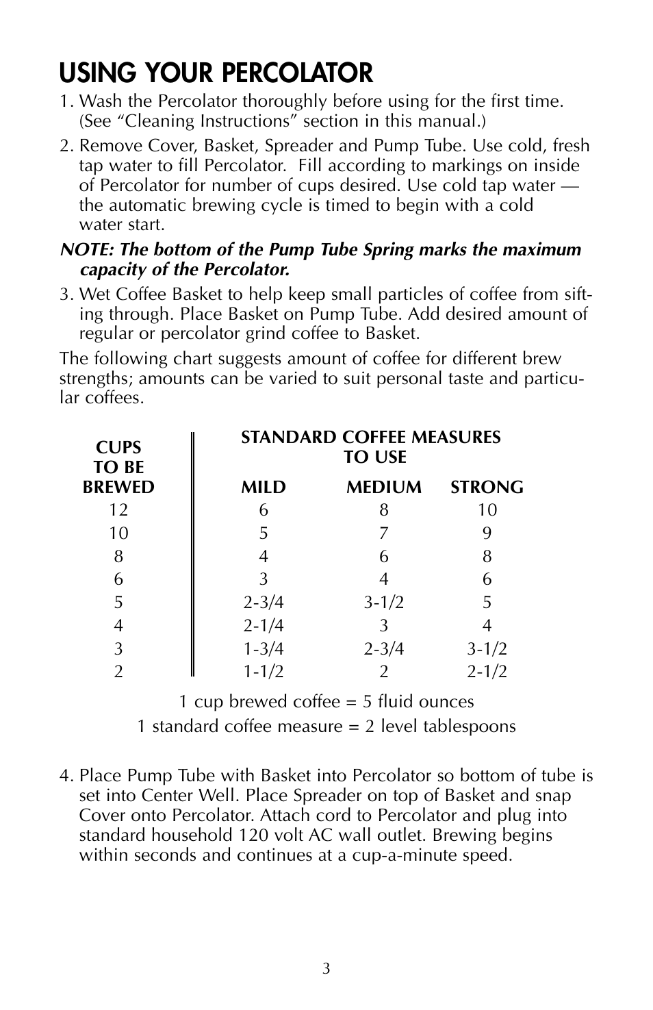 Using your percolator | FARBERWARE AUTOMATIC STAINLESS STEEL PERCOLATORS FCP 240 User Manual | Page 4 / 6