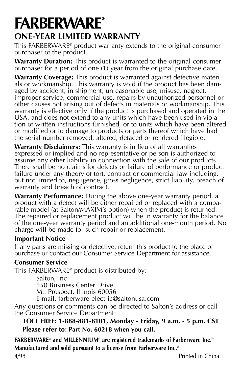 One-year limited warranty | FARBERWARE AUTOMATIC STAINLESS STEEL PERCOLATORS FCP 240 User Manual | Page 6 / 6