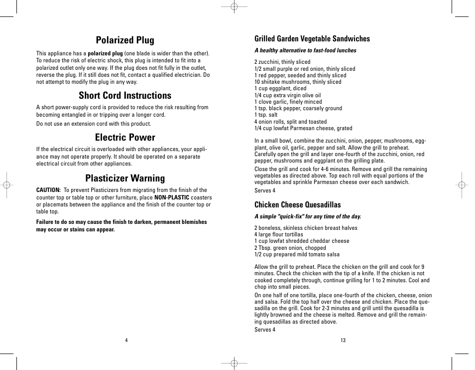 Polarized plug, Short cord instructions, Electric power | Plasticizer warning | Salton, Inc GRP4P User Manual | Page 13 / 16