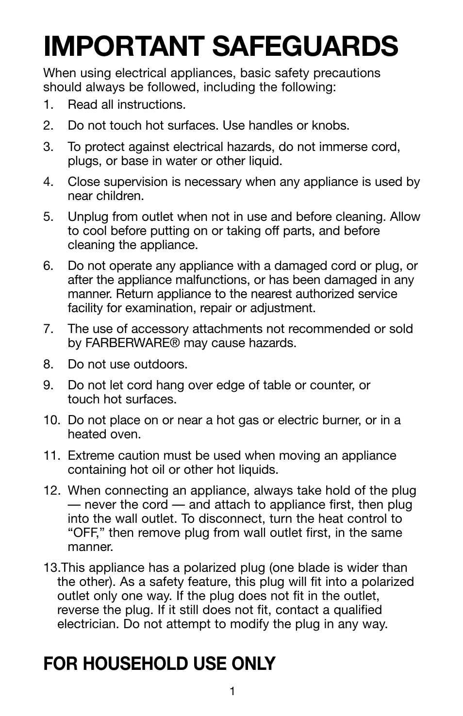 Important safeguards, For household use only | FARBERWARE AUTOMATIC STAINLESS STEEL COFFEE URN FSU 122 User Manual | Page 2 / 6