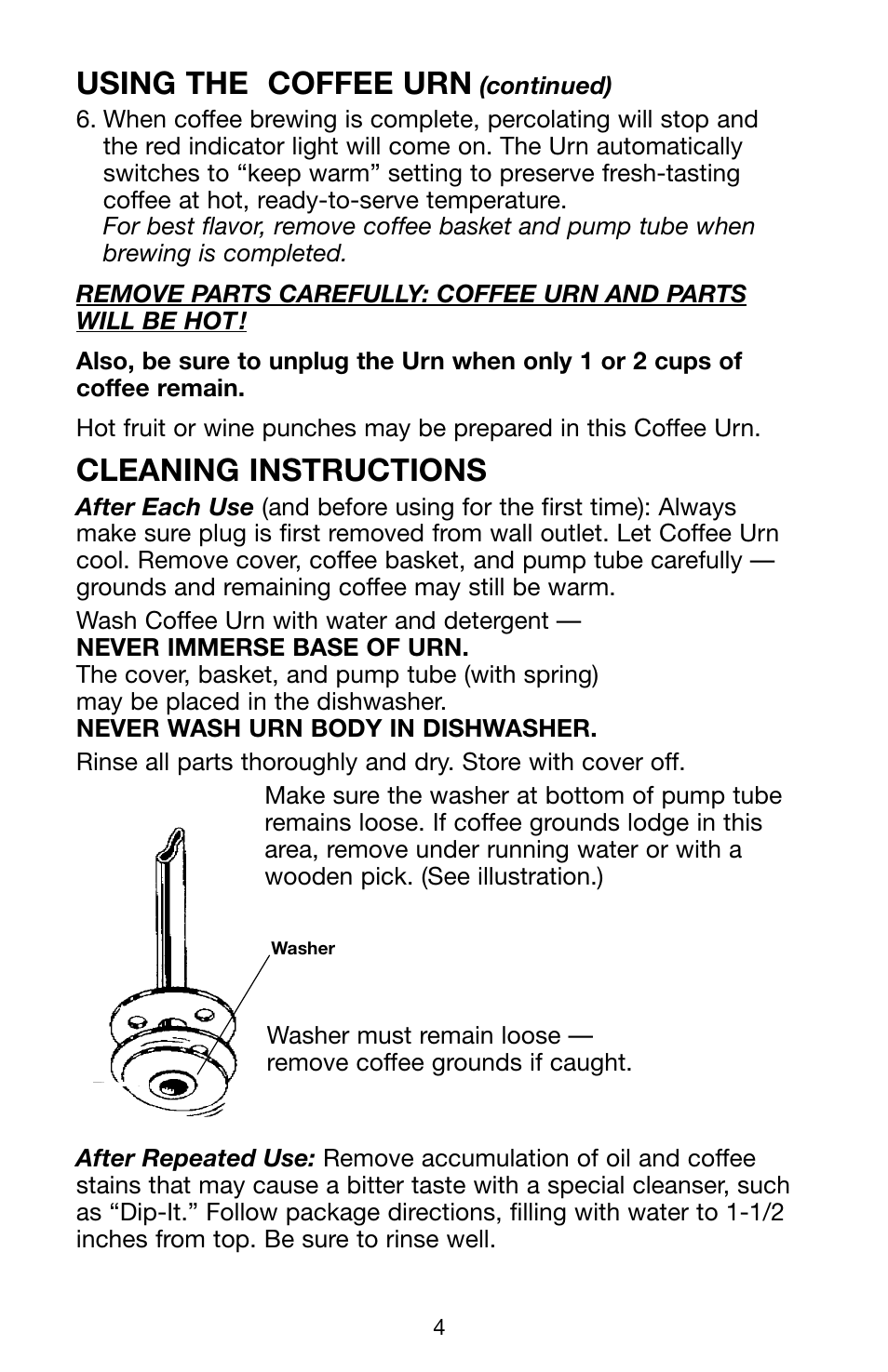 Using the coffee urn, Cleaning instructions | FARBERWARE AUTOMATIC STAINLESS STEEL COFFEE URN FSU 122 User Manual | Page 5 / 6