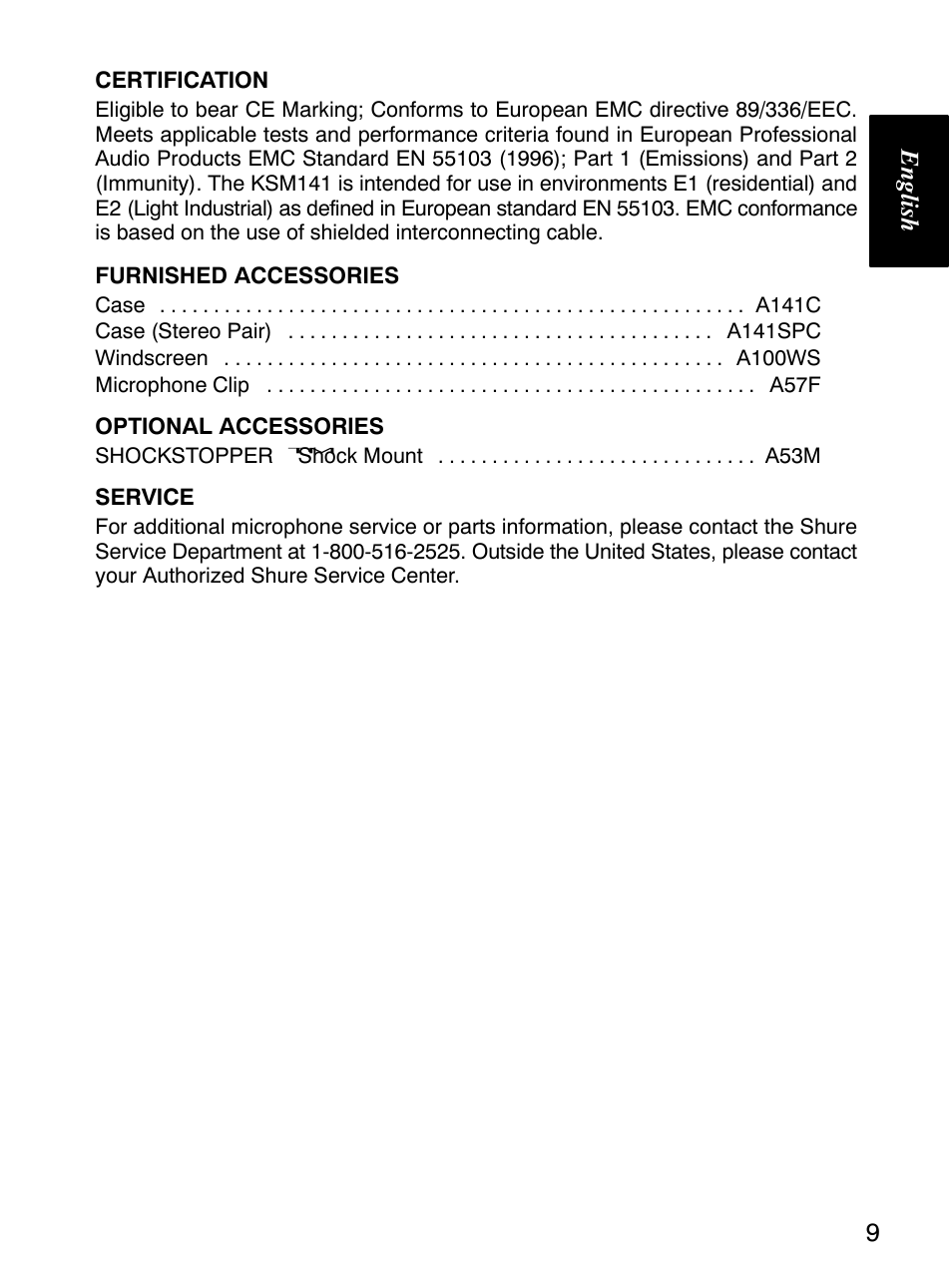 English 9 | Shure KSM141 User Manual | Page 10 / 11