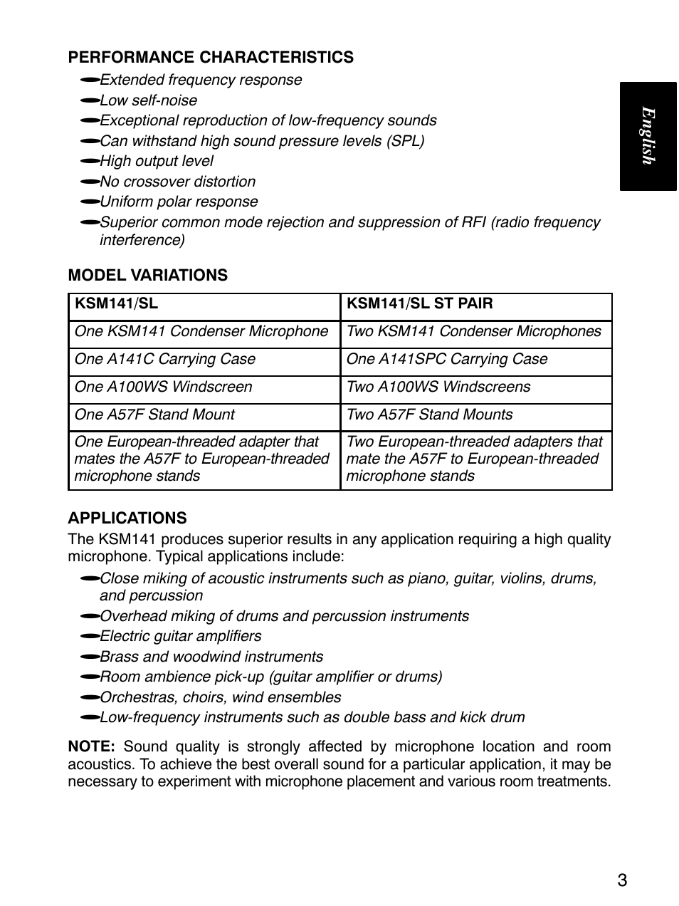 English 3 | Shure KSM141 User Manual | Page 4 / 11