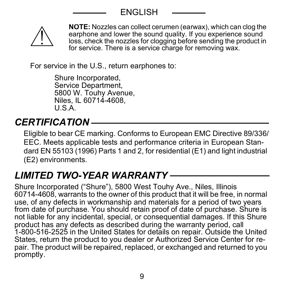 Certification, Limited two-year warranty | Shure E5C User Manual | Page 11 / 63