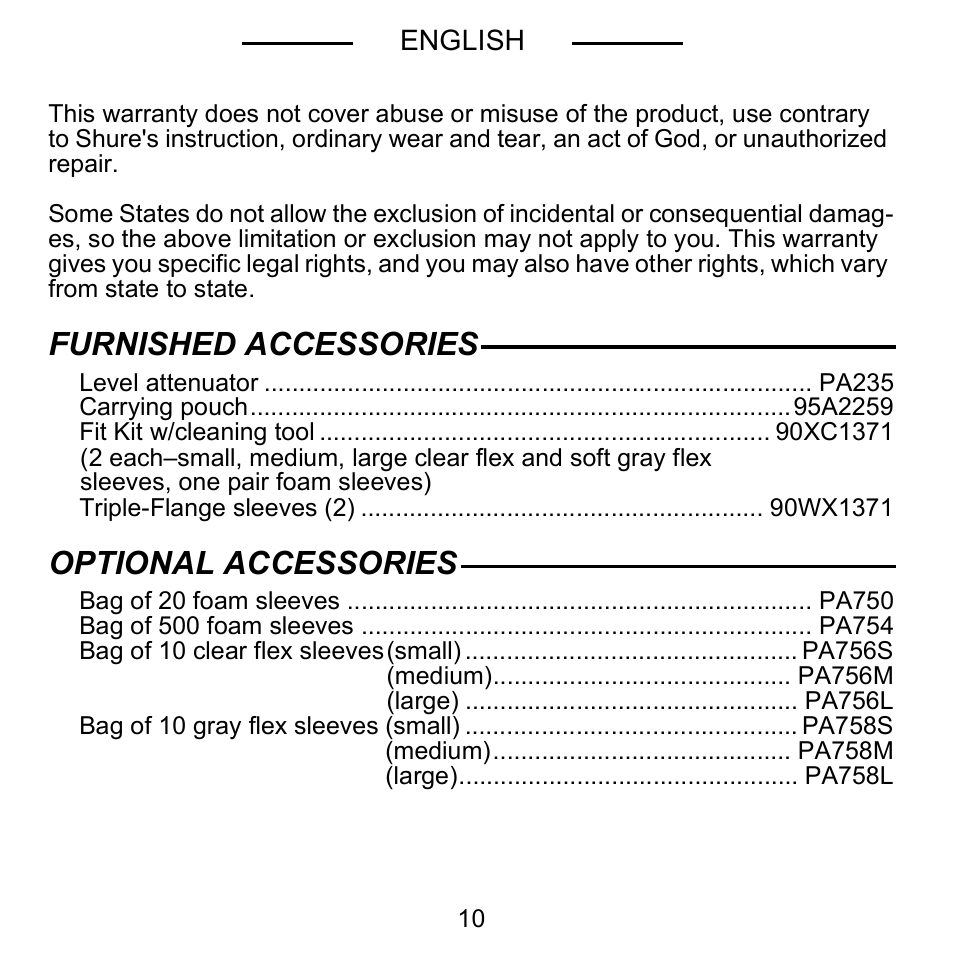 Furnished accessories, Optional accessories | Shure E5C User Manual | Page 12 / 63