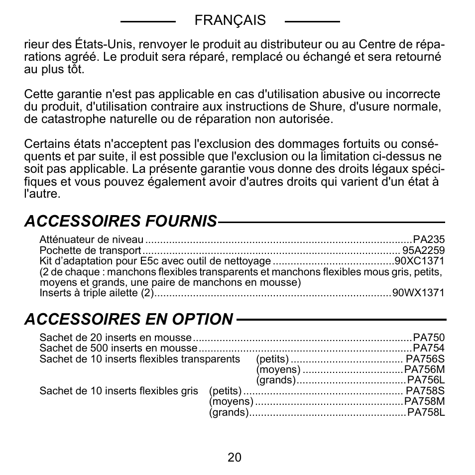 Accessoires fournis, Accessoires en option | Shure E5C User Manual | Page 22 / 63