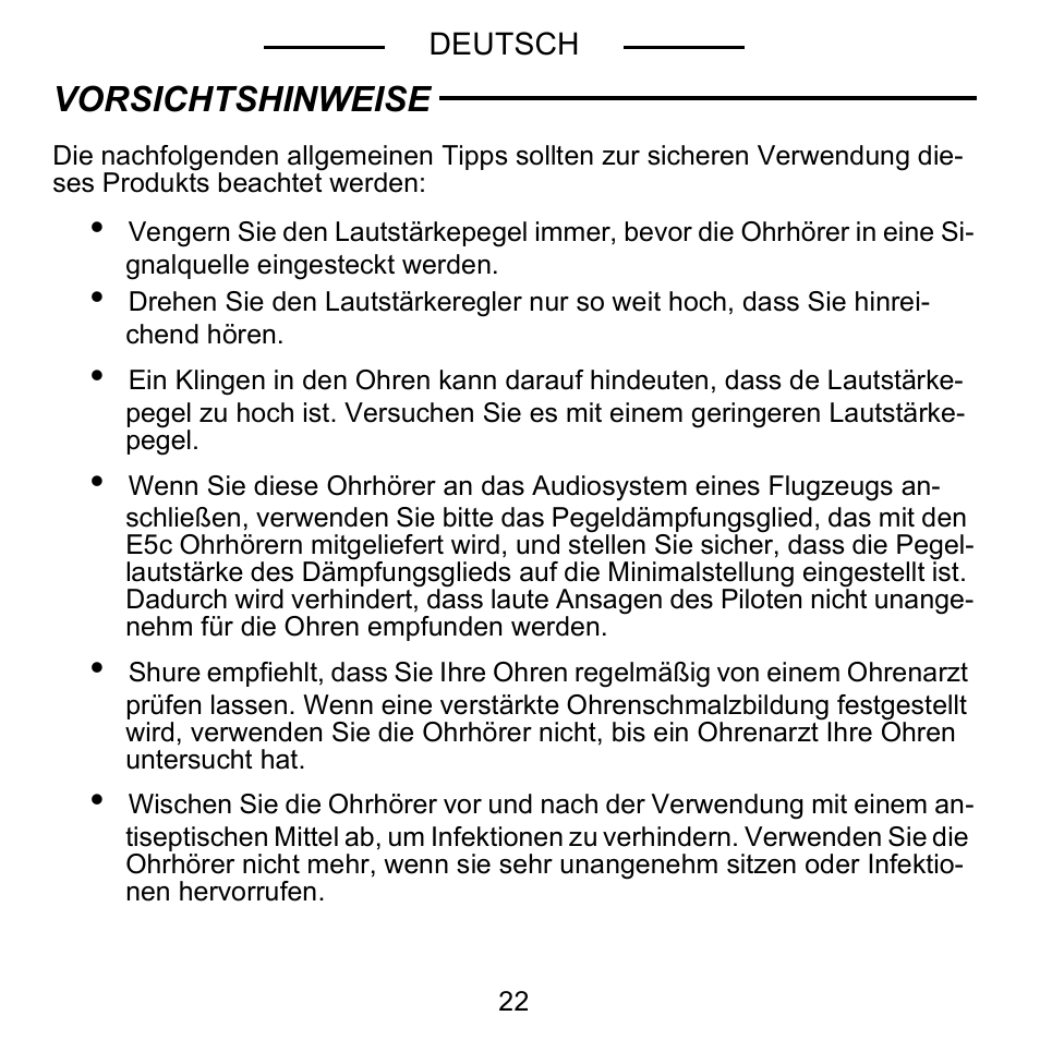 Vorsichtshinweise | Shure E5C User Manual | Page 24 / 63