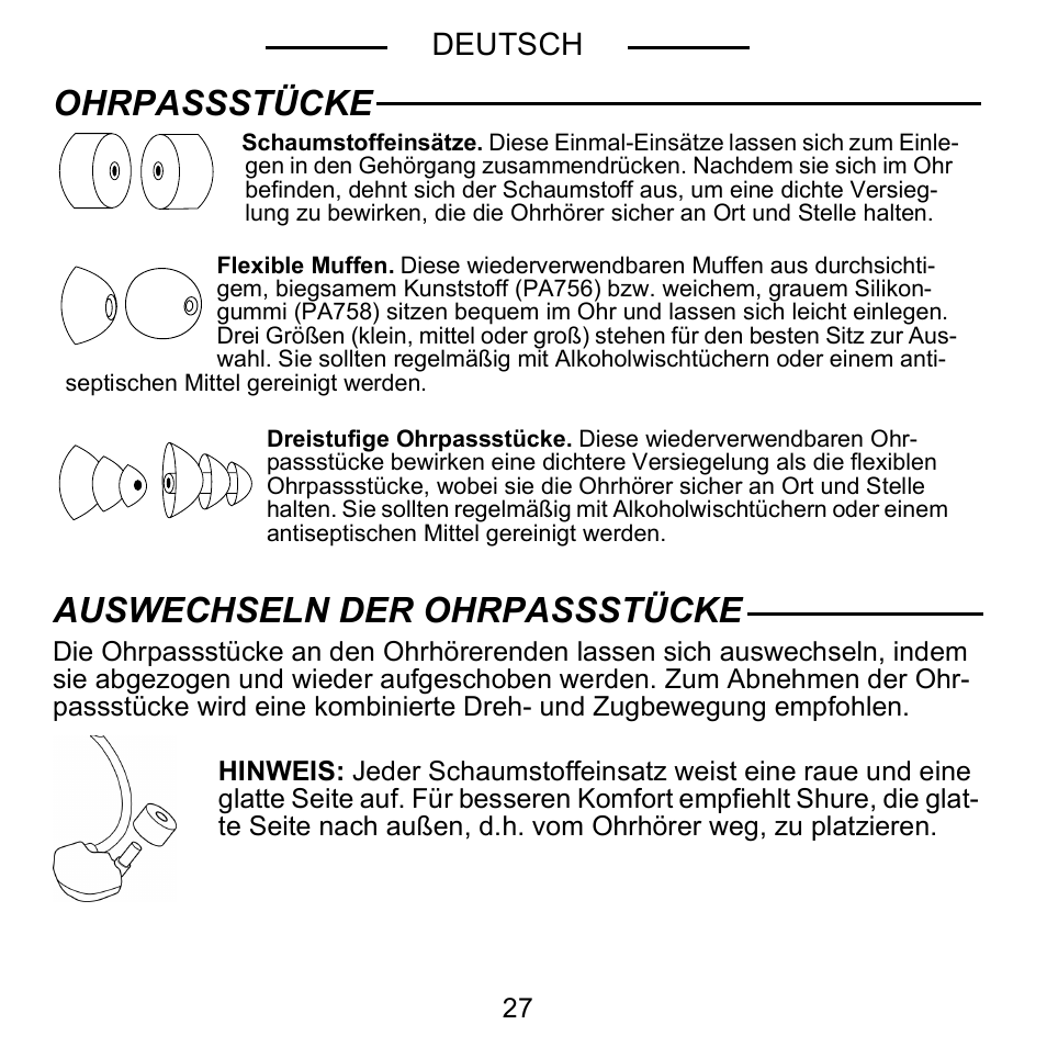 Ohrpassstücke auswechseln der ohrpassstücke, Deutsch | Shure E5C User Manual | Page 29 / 63