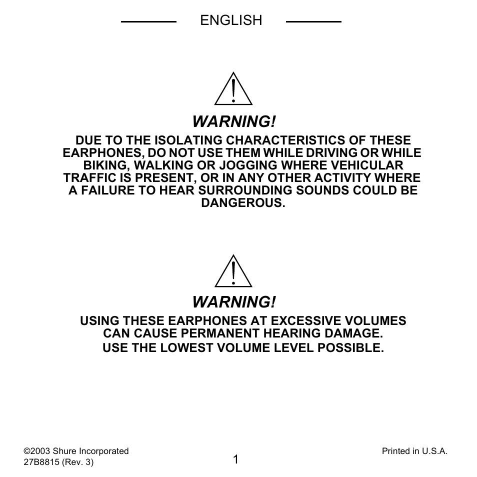 Warning | Shure E5C User Manual | Page 3 / 63