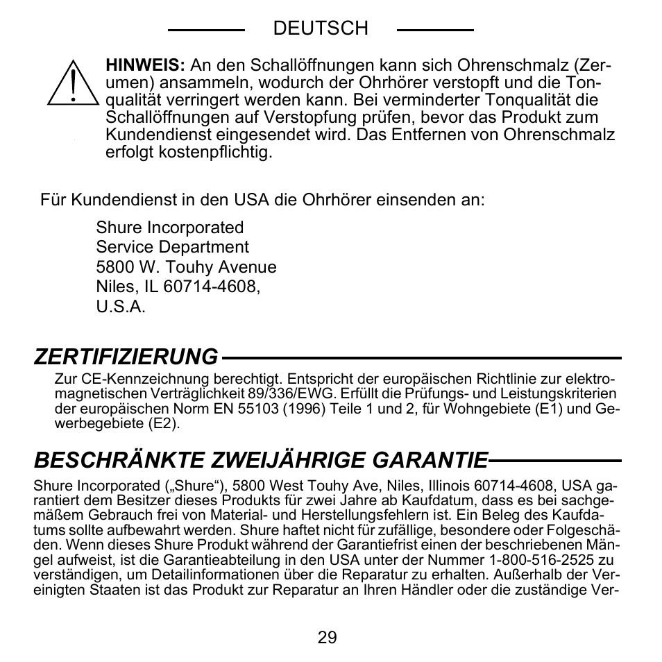 Zertifizierung, Beschränkte zweijährige garantie, Deutsch | Shure E5C User Manual | Page 31 / 63