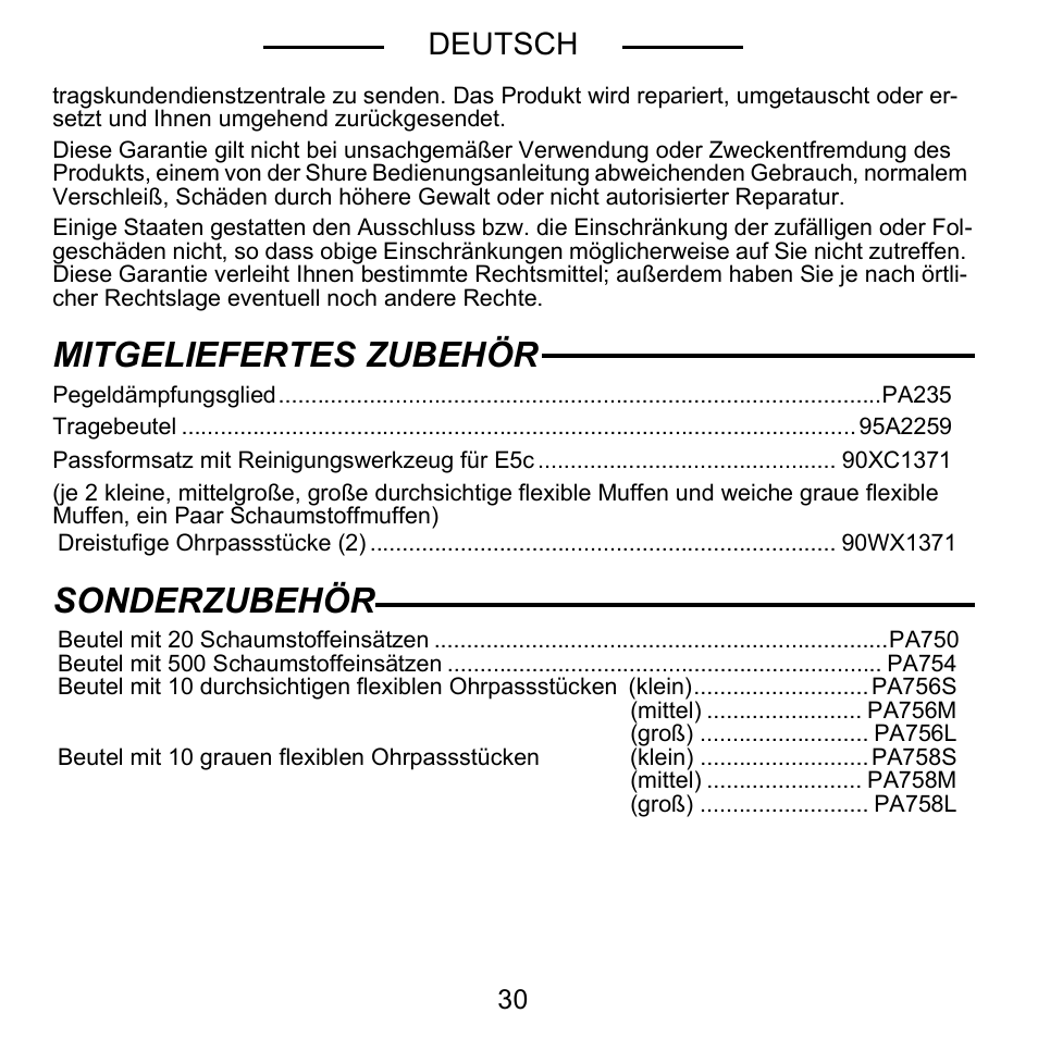 Mitgeliefertes zubehör, Sonderzubehör, Deutsch | Shure E5C User Manual | Page 32 / 63