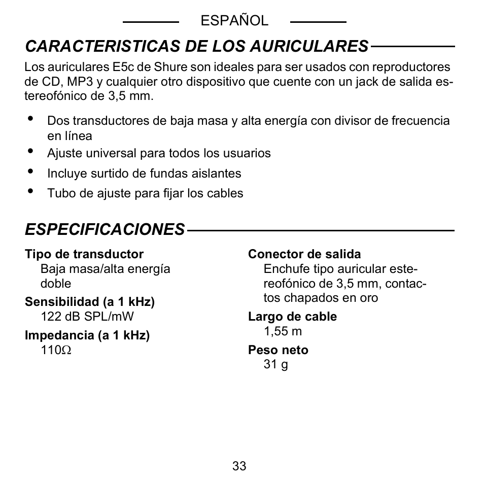 Caracteristicas de los auriculares, Especificaciones | Shure E5C User Manual | Page 35 / 63