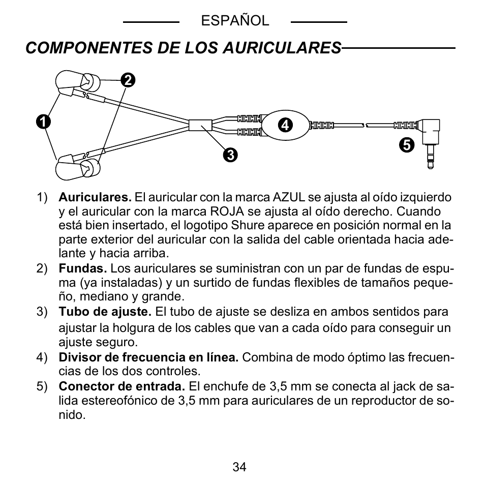 Componentes de los auriculares | Shure E5C User Manual | Page 36 / 63