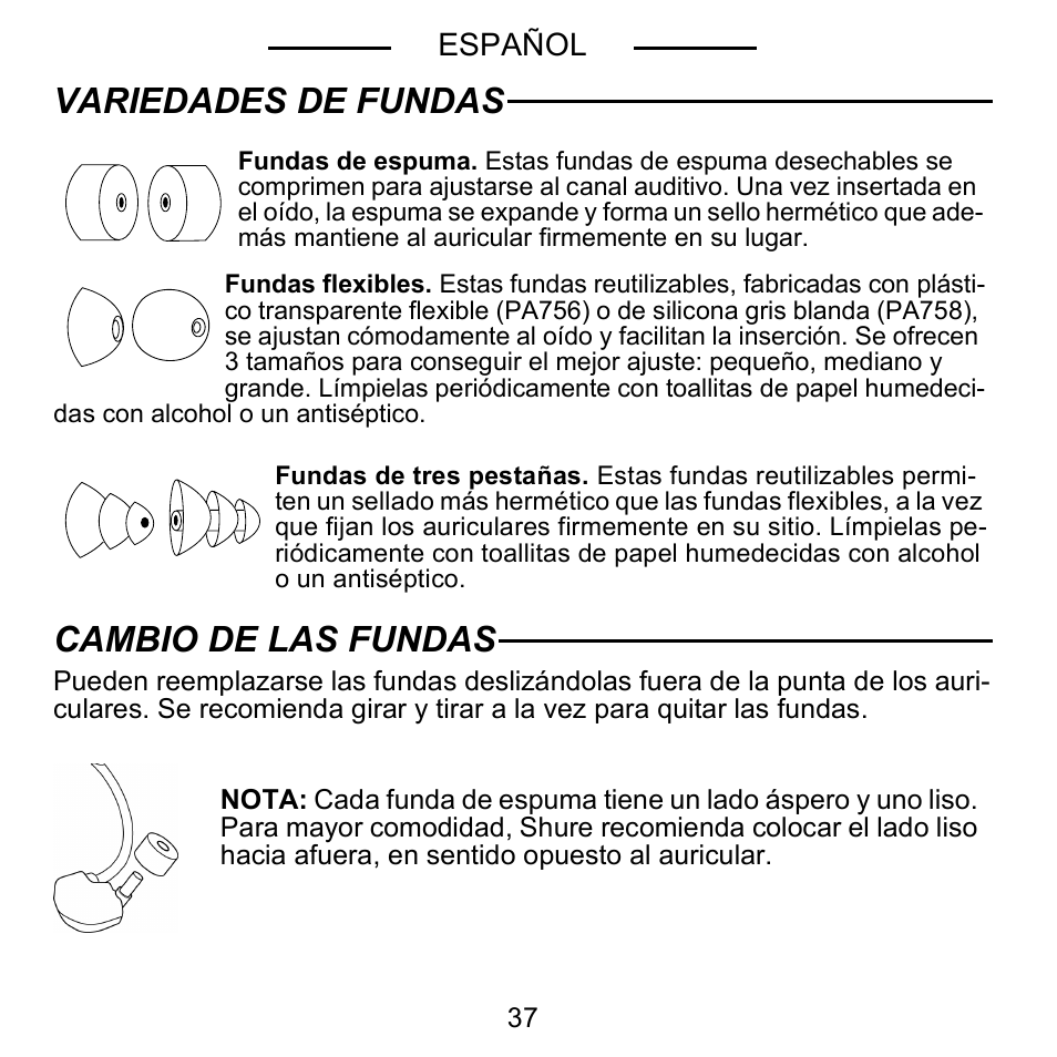 Variedades de fundas cambio de las fundas | Shure E5C User Manual | Page 39 / 63