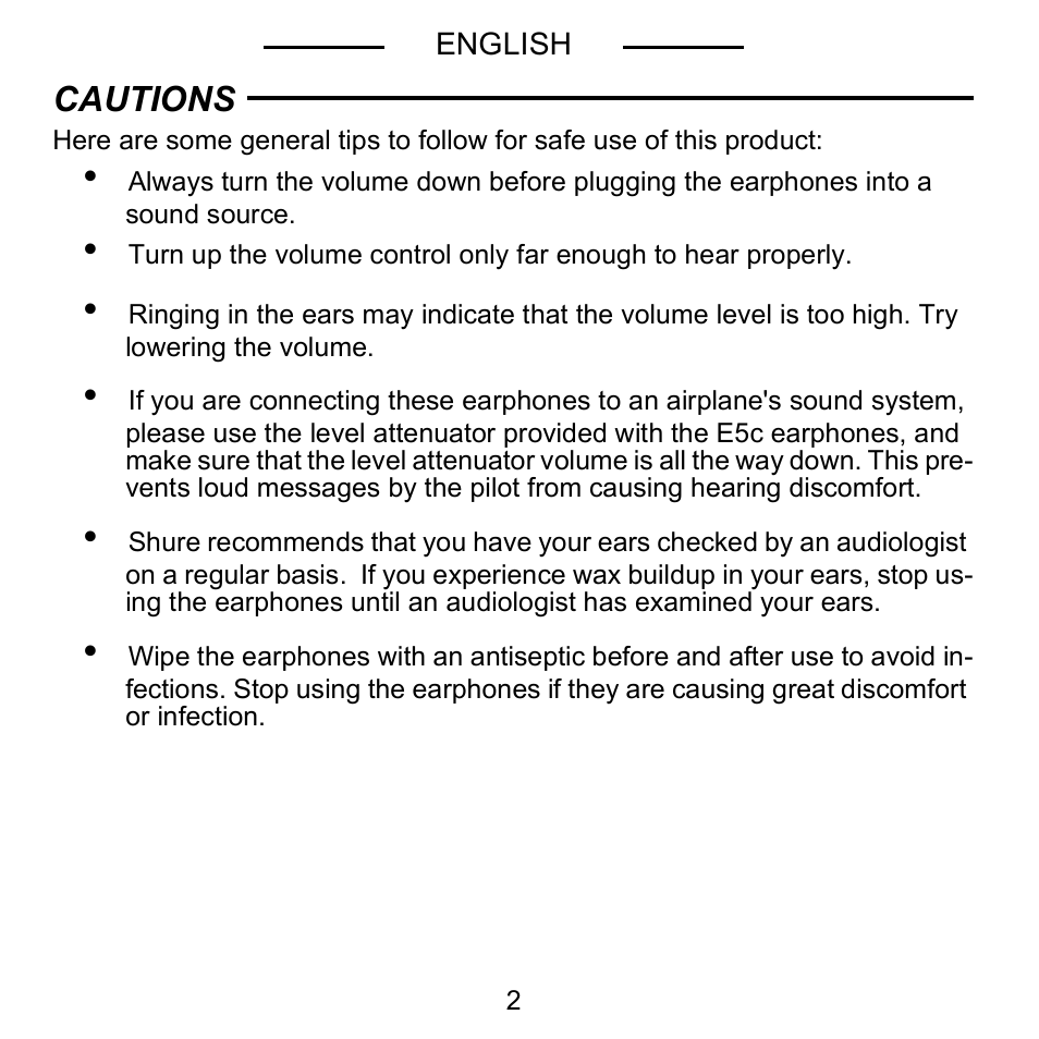 Cautions | Shure E5C User Manual | Page 4 / 63