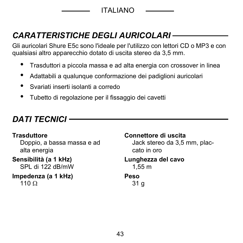 Caratteristiche degli auricolari, Dati tecnici | Shure E5C User Manual | Page 45 / 63