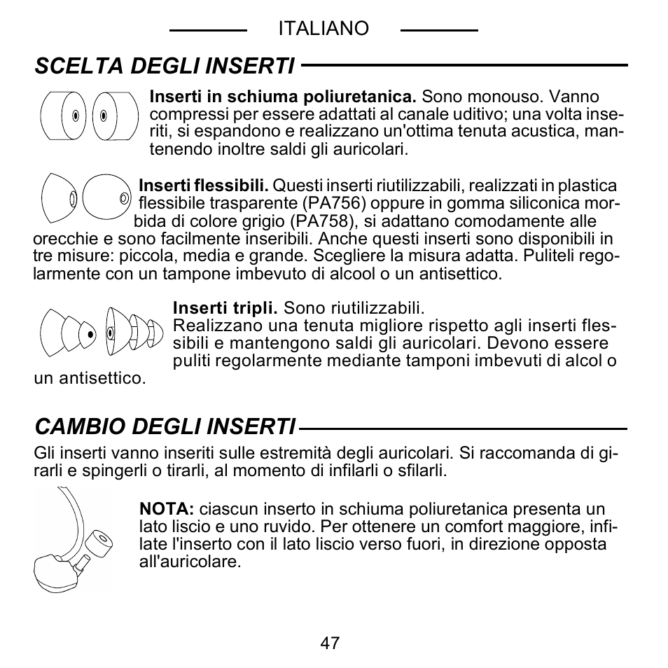 Scelta degli inserti cambio degli inserti | Shure E5C User Manual | Page 49 / 63