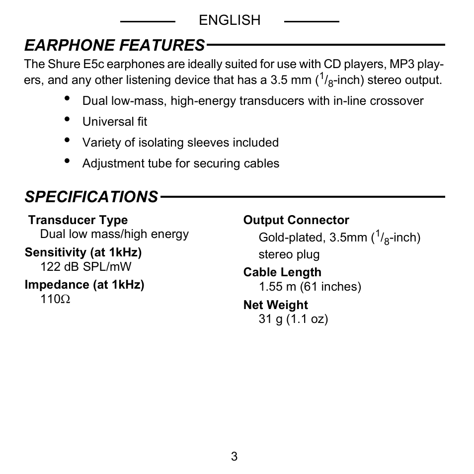 Earphone features, Specifications | Shure E5C User Manual | Page 5 / 63