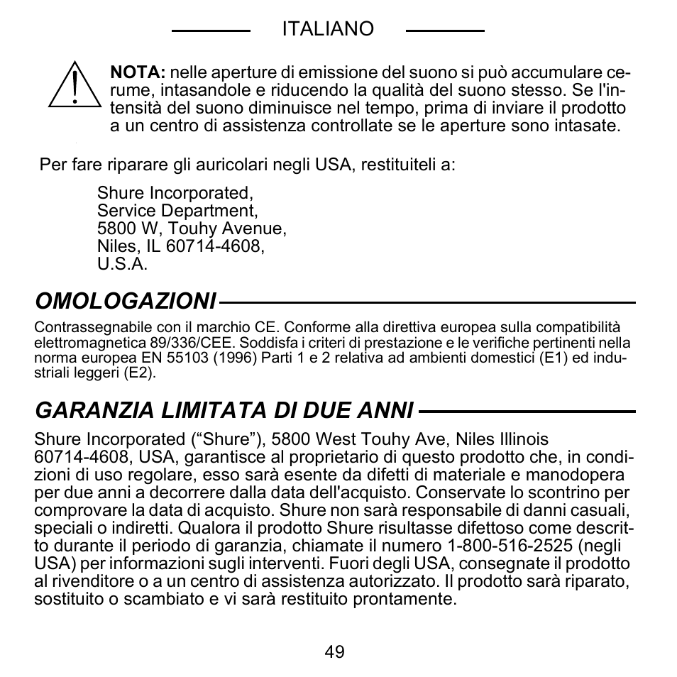 Omologazioni, Garanzia limitata di due anni | Shure E5C User Manual | Page 51 / 63