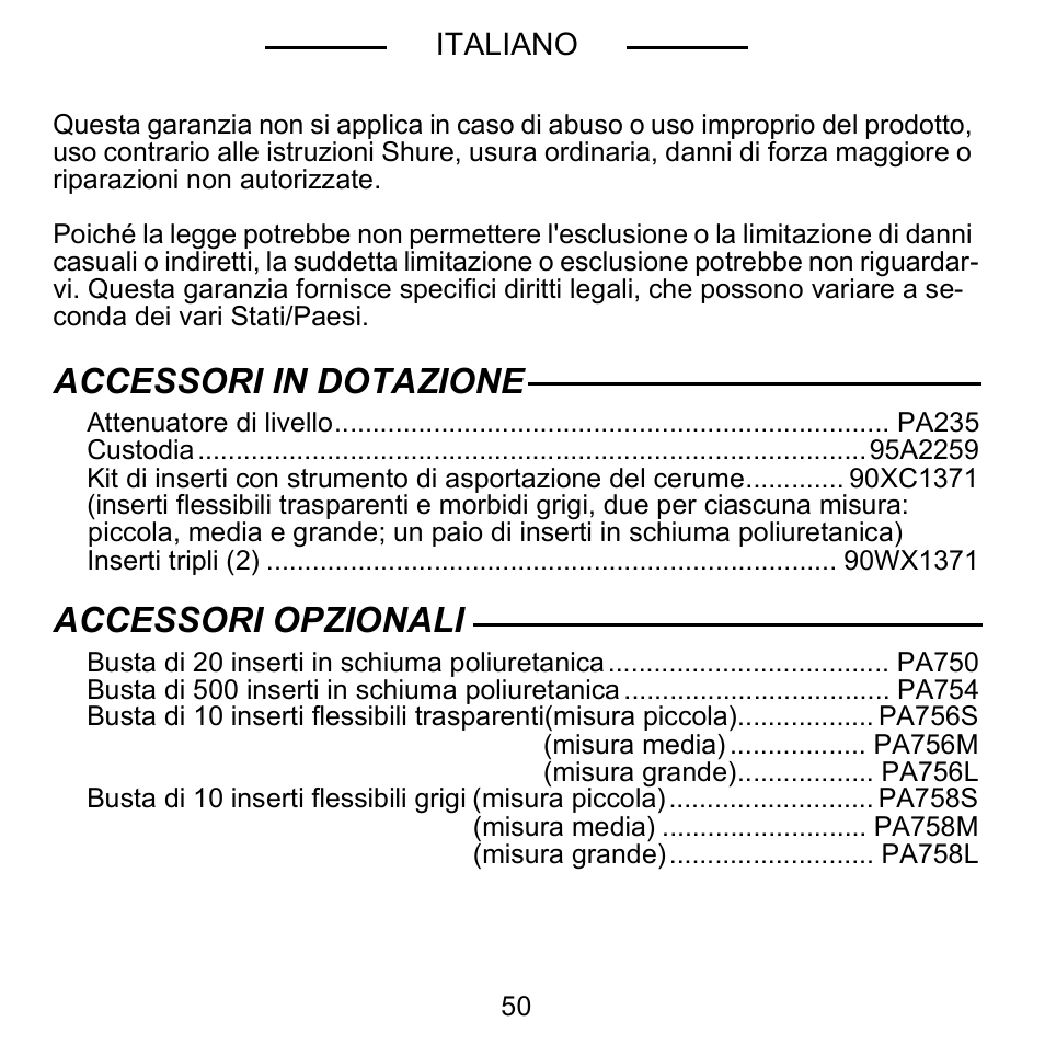 Accessori in dotazione, Accessori opzionali | Shure E5C User Manual | Page 52 / 63