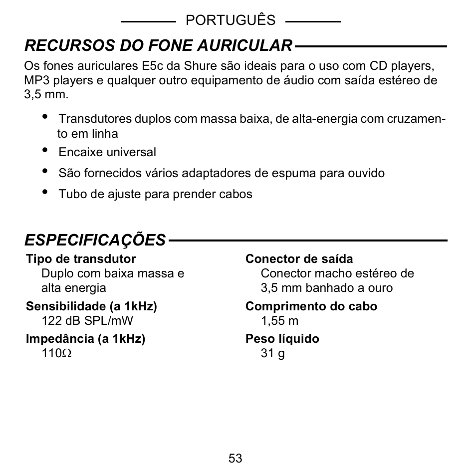 Recursos do fone auricular, Especificações | Shure E5C User Manual | Page 55 / 63