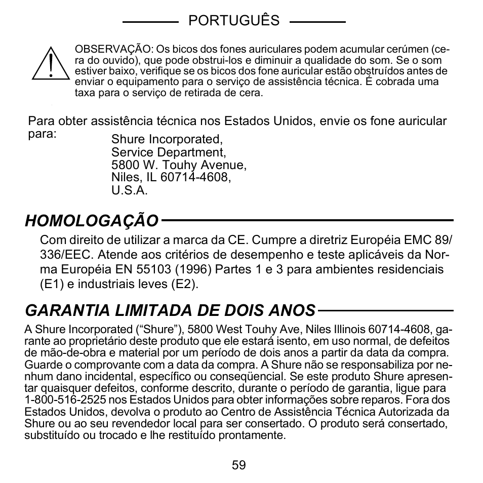 Homologação, Garantia limitada de dois anos | Shure E5C User Manual | Page 61 / 63