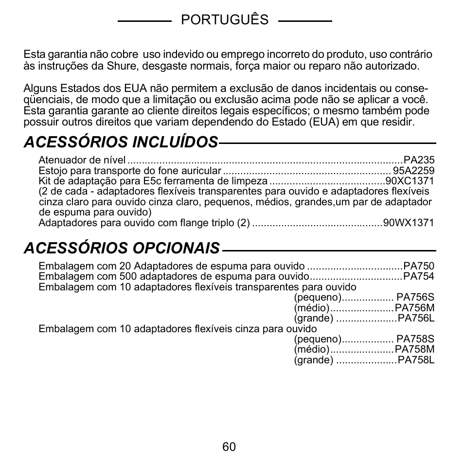 Acessórios incluídos, Acessórios opcionais, Português | Shure E5C User Manual | Page 62 / 63