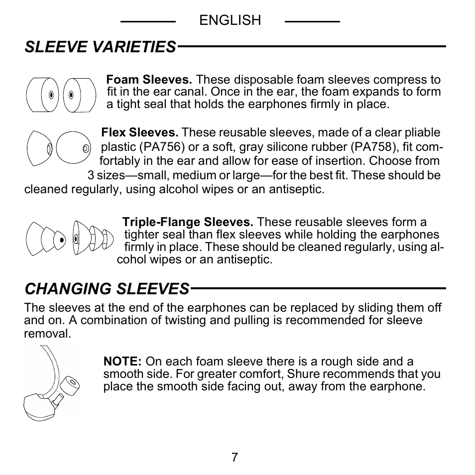 Sleeve varieties changing sleeves | Shure E5C User Manual | Page 9 / 63