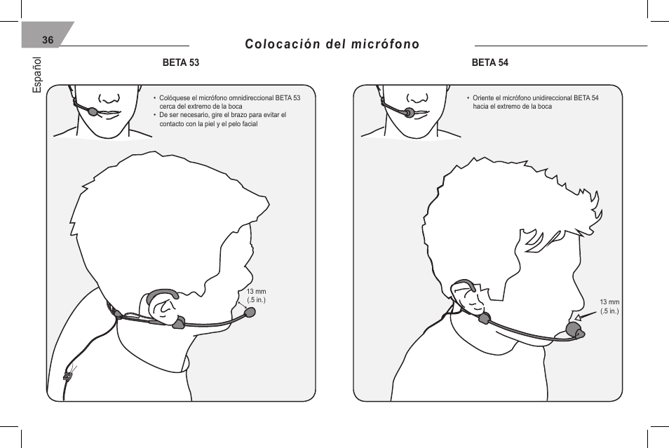 Colocación del micrófono, Español | Shure 53 User Manual | Page 38 / 66