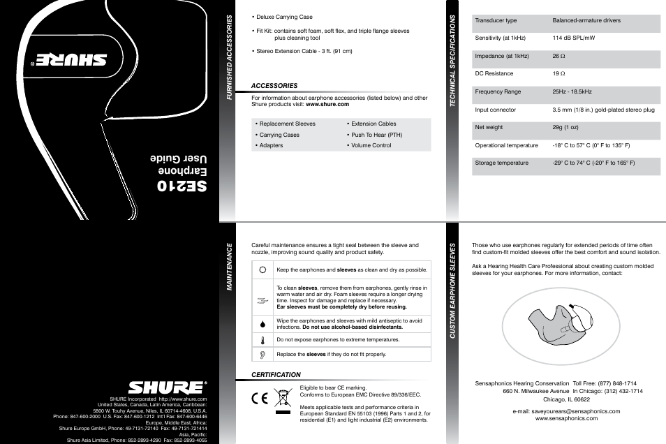 Se210, Earphone user guide | Shure SOUND ISOLATING SE210 User Manual | Page 2 / 2