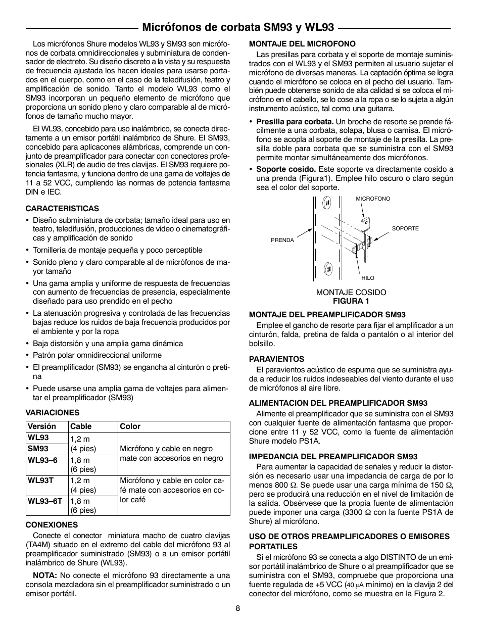 Micrófonos de corbata sm93 y wl93 | Shure SM93 User Manual | Page 8 / 12