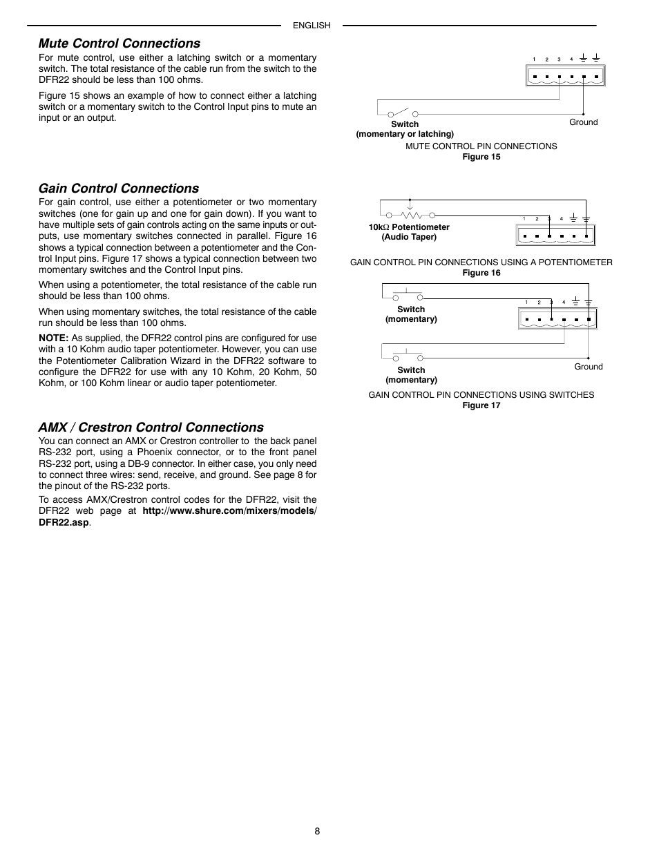 Mute control connections, Gain control connections, Amx / crestron control connections | Shure AUDIO PROCESSOR WITH FEEDBACK REDUCTION DFR22 User Manual | Page 10 / 13