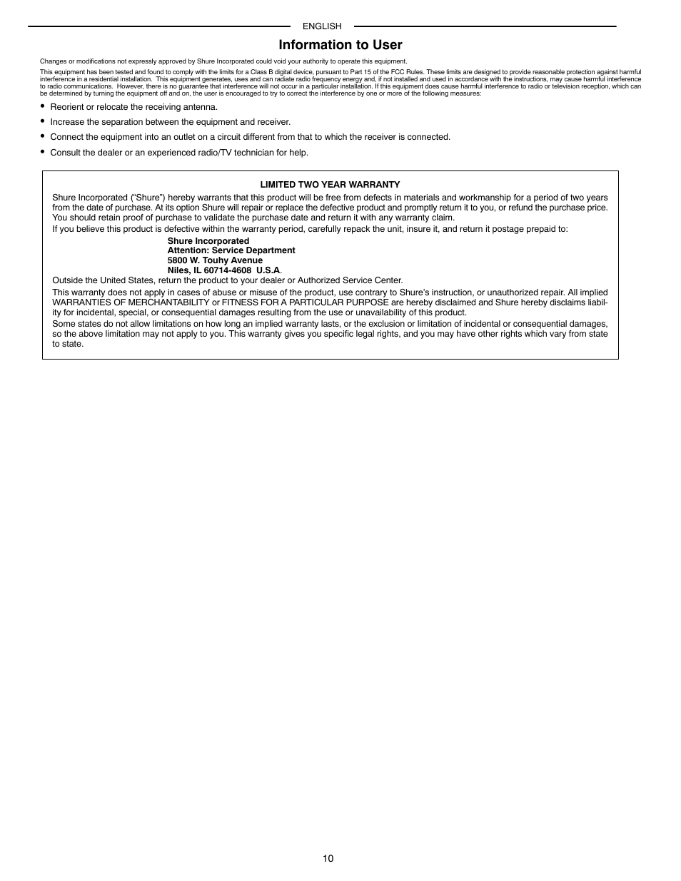 Information to user | Shure AUDIO PROCESSOR WITH FEEDBACK REDUCTION DFR22 User Manual | Page 12 / 13