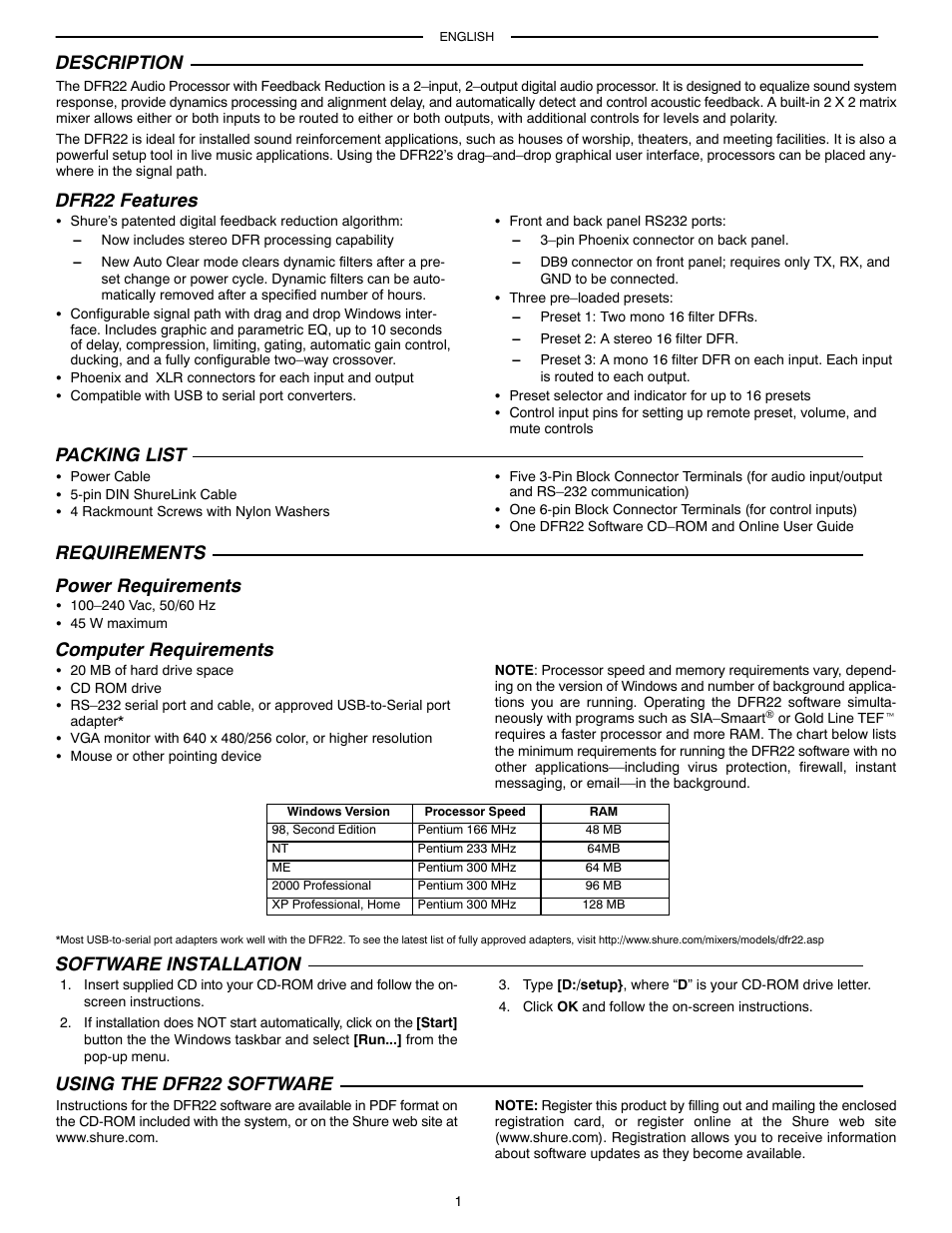 Description, Dfr22 features, Packing list | Requirements power requirements, Computer requirements, Software installation, Using the dfr22 software | Shure AUDIO PROCESSOR WITH FEEDBACK REDUCTION DFR22 User Manual | Page 3 / 13