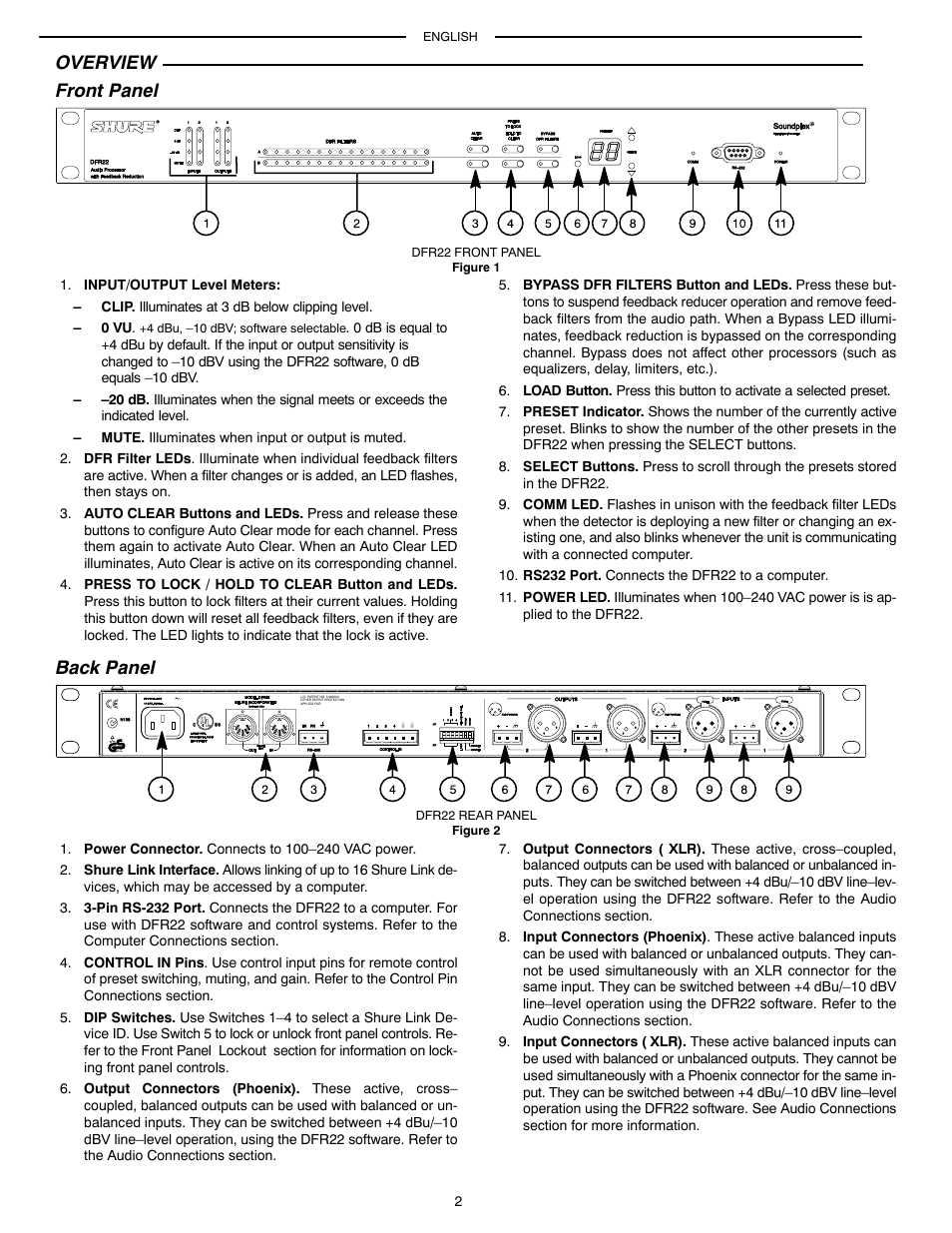 Overview front panel, Back panel | Shure AUDIO PROCESSOR WITH FEEDBACK REDUCTION DFR22 User Manual | Page 4 / 13